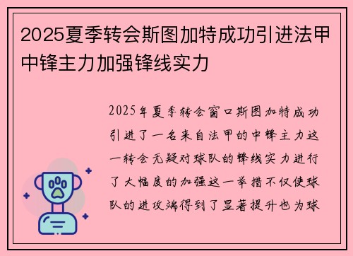 2025夏季转会斯图加特成功引进法甲中锋主力加强锋线实力
